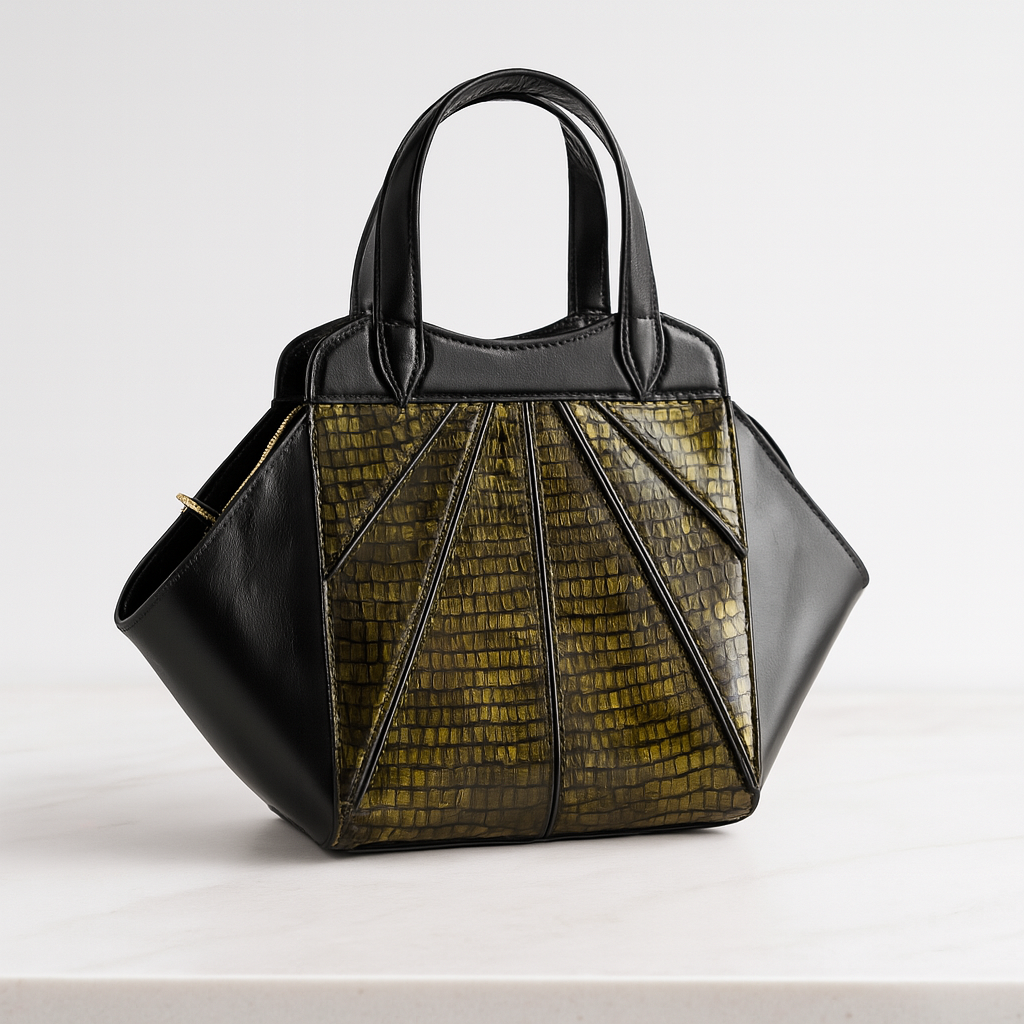 Side view of Serpentine Luxe Tote in green crocodile-embossed leather.