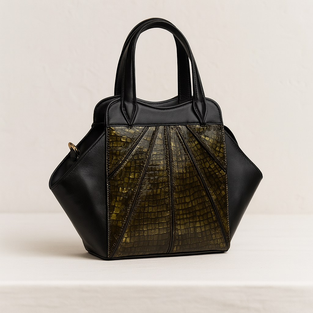 The Serpentine Luxe Tote in green, angled side view.